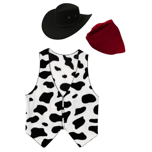 YiZYiF Mens Cowboy Costume Halloween Cosplay Cow Print Vest Waistcoat with Scarf Hat Hippie Clothes White M