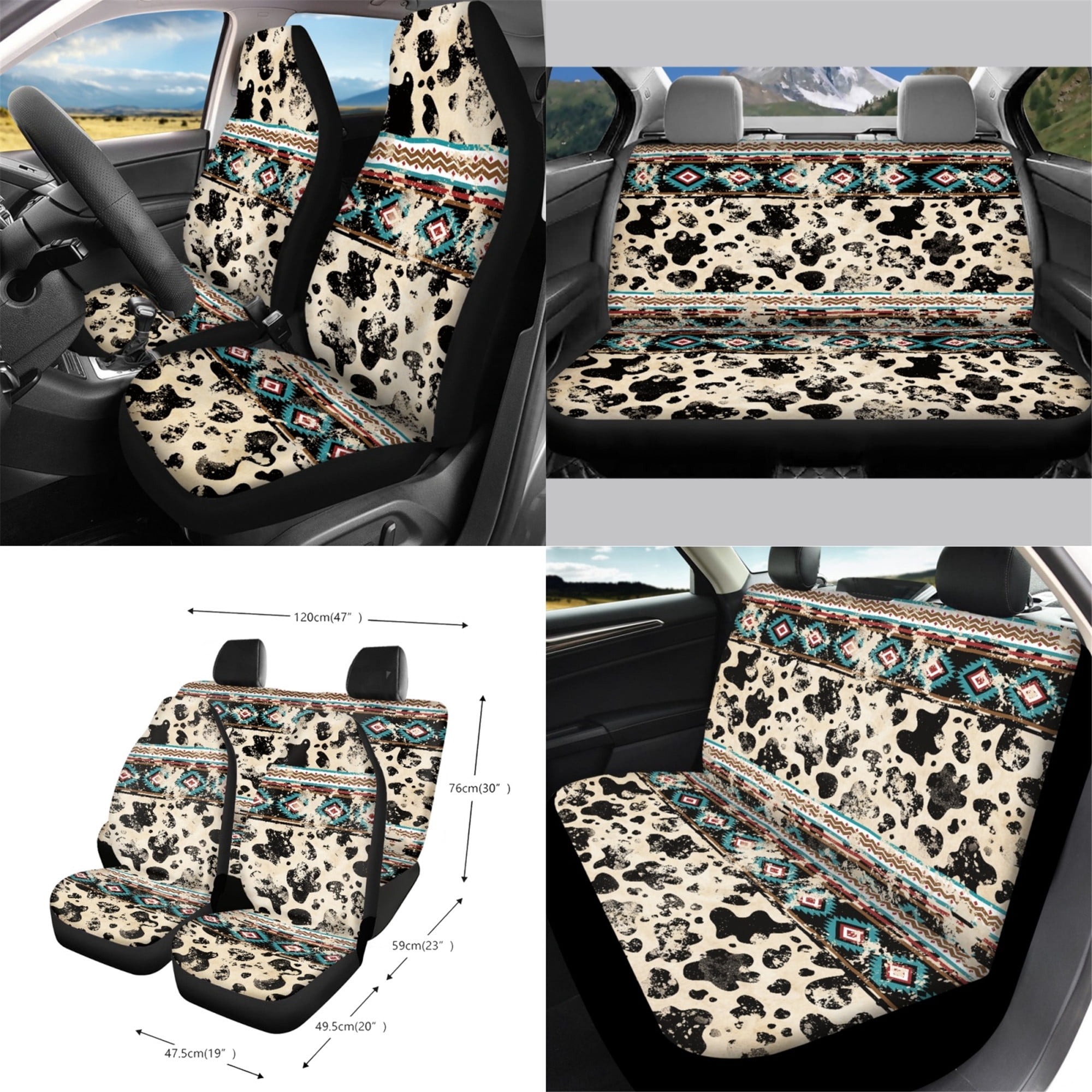 Yuyamidu Aztec Ethnic Car Seat Cover Set of 15 Cow Print Steering Wheel Cover Seat Belt Strap Pads Cup Coasters Trash Bag Air Vent Storage Bag Rearview Mirror Cover Keychain Auto Accessories