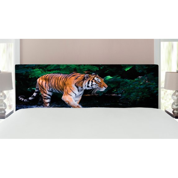 Safari Headboard, Tiger in Water Stream Hunting Danger Trees Tropical Pond Hiding Captive, Upholstered Decorative Metal Bed Headboard with Memory Foam, King Size, Green Orange Brown, by Ambesonne