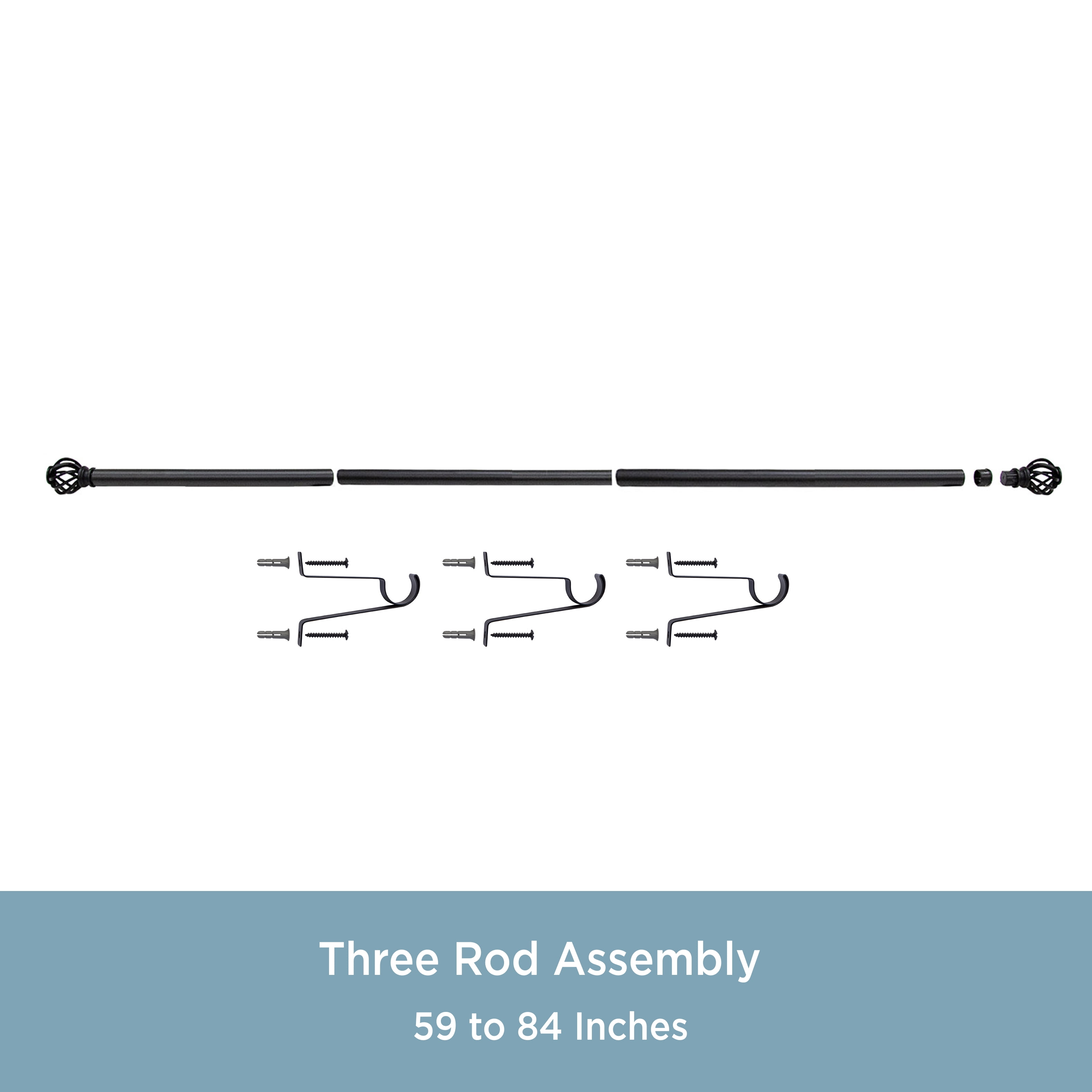 Kenney 1" Diameter Curtain Deco Rod 30" x 84", Modern Single Curtain Rod, Plastic Finial, Cage Style, Black