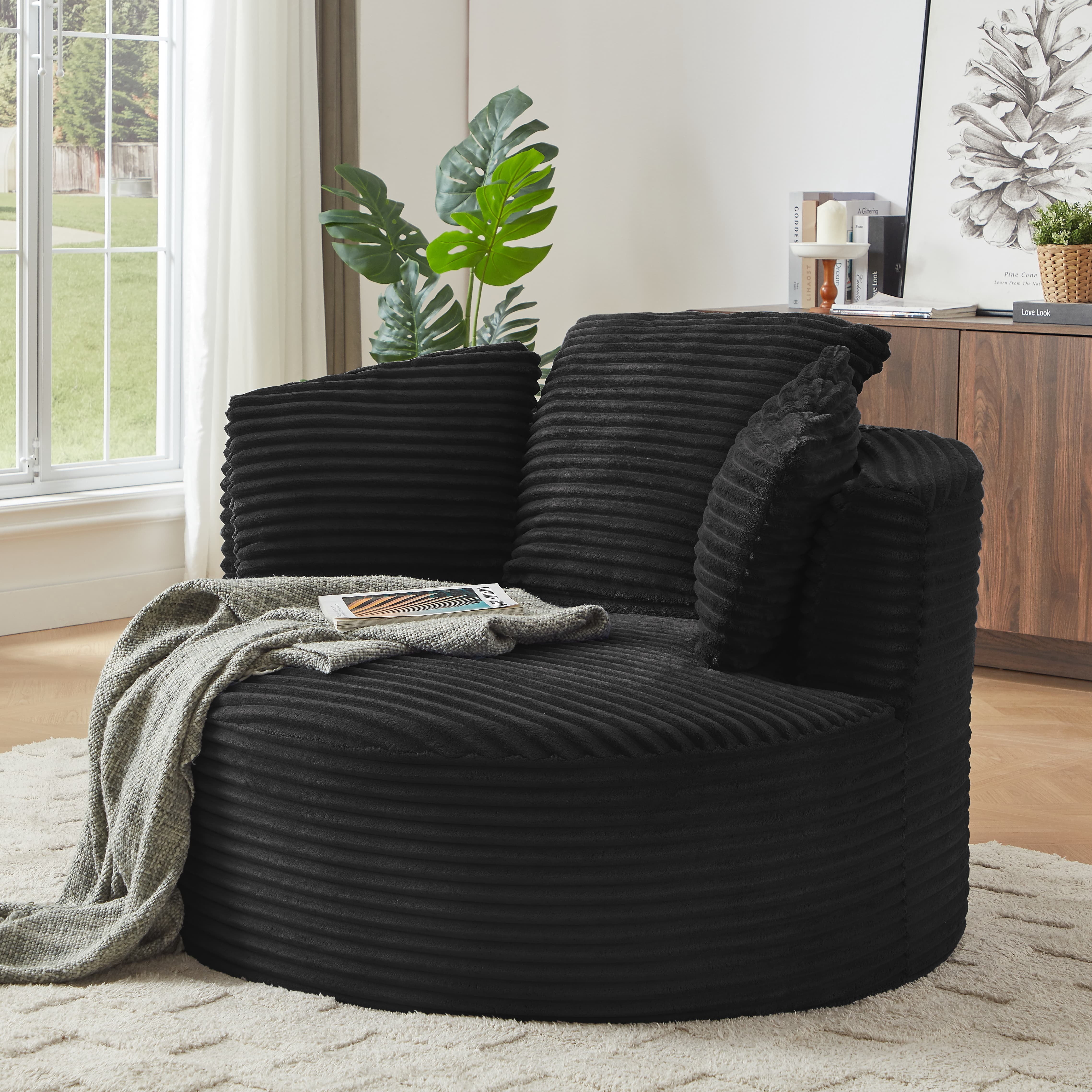 Aukfa Modern Corduroy Round Accent Chair, Compressible Chaise Lounge for Living Room & Bedroom, No Assembly,Black