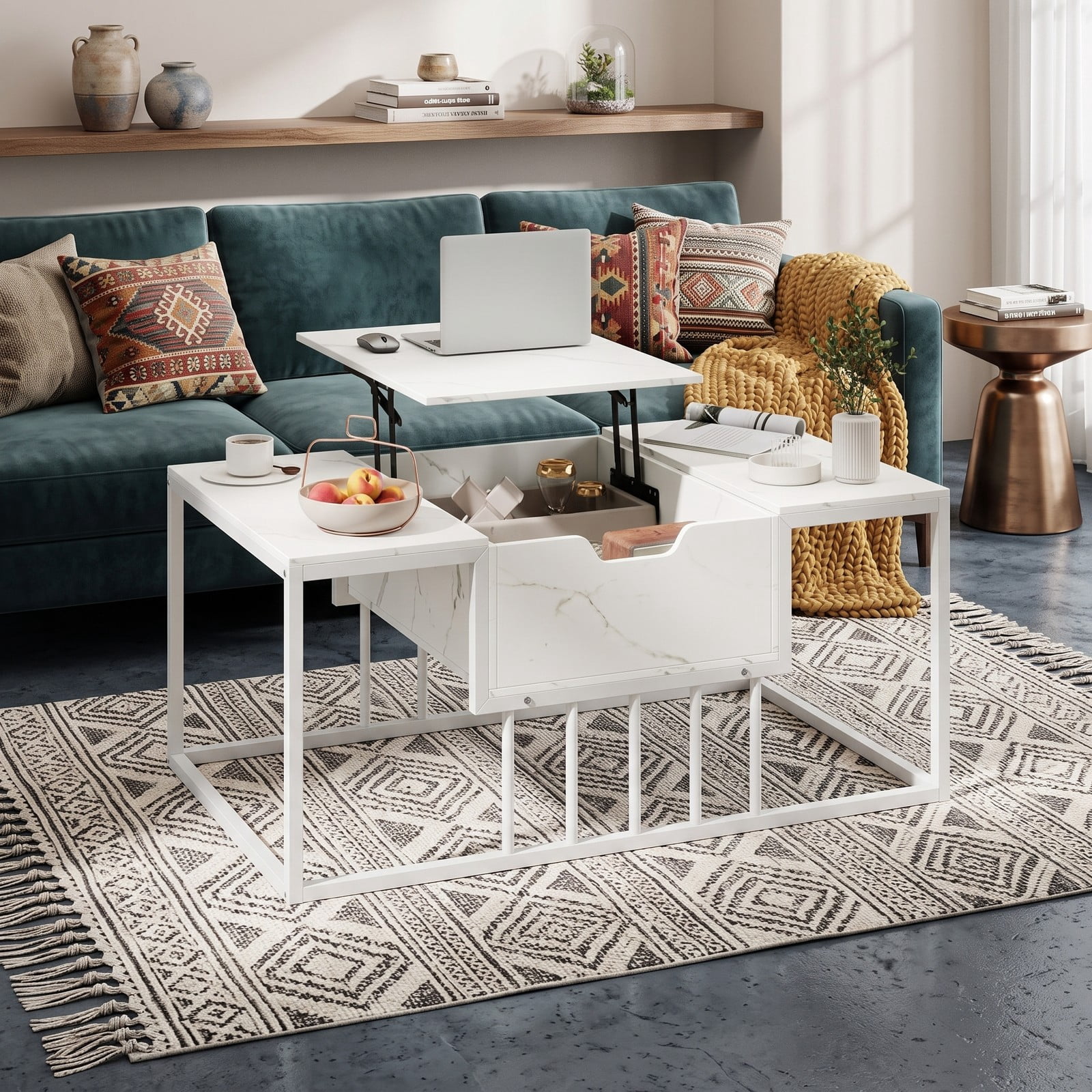 Furnibear Lift Top Coffee Table with Hidden Storage Compartment, Modern Center Table for Living Room, Adjustable Height Rising Tabletop, Engineered Wood and, White