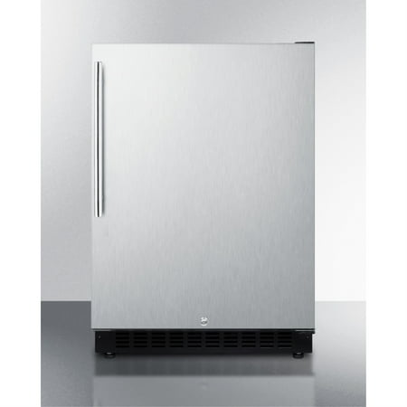 Built-in undercounter ADA compliant all-refrigerator with wrapped stainless steel door  vertical handle  black cabinet  door storage  and digital controls