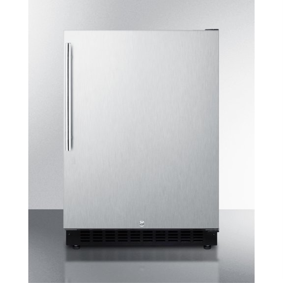 Built-in undercounter ADA compliant all-refrigerator with wrapped stainless steel door, vertical handle, black cabinet, door storage, and digital controls