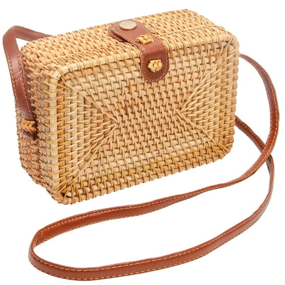 Plutput Wicker Round Square Crossbody Rattan Bag, Women Boho Bag Clutch Woven Handbag