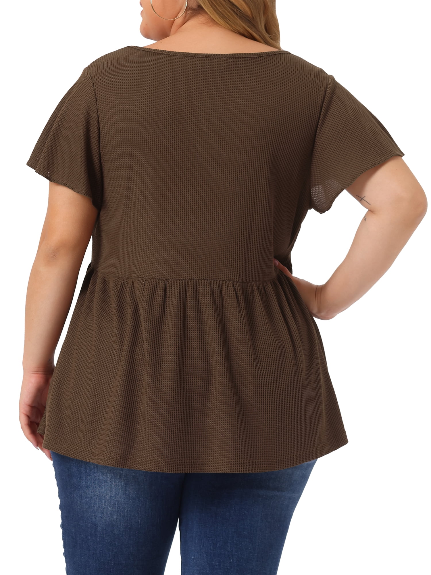 Unique Bargains Women's Plus Tops Button Front Shirts Peplum Blouse 3X Coffee