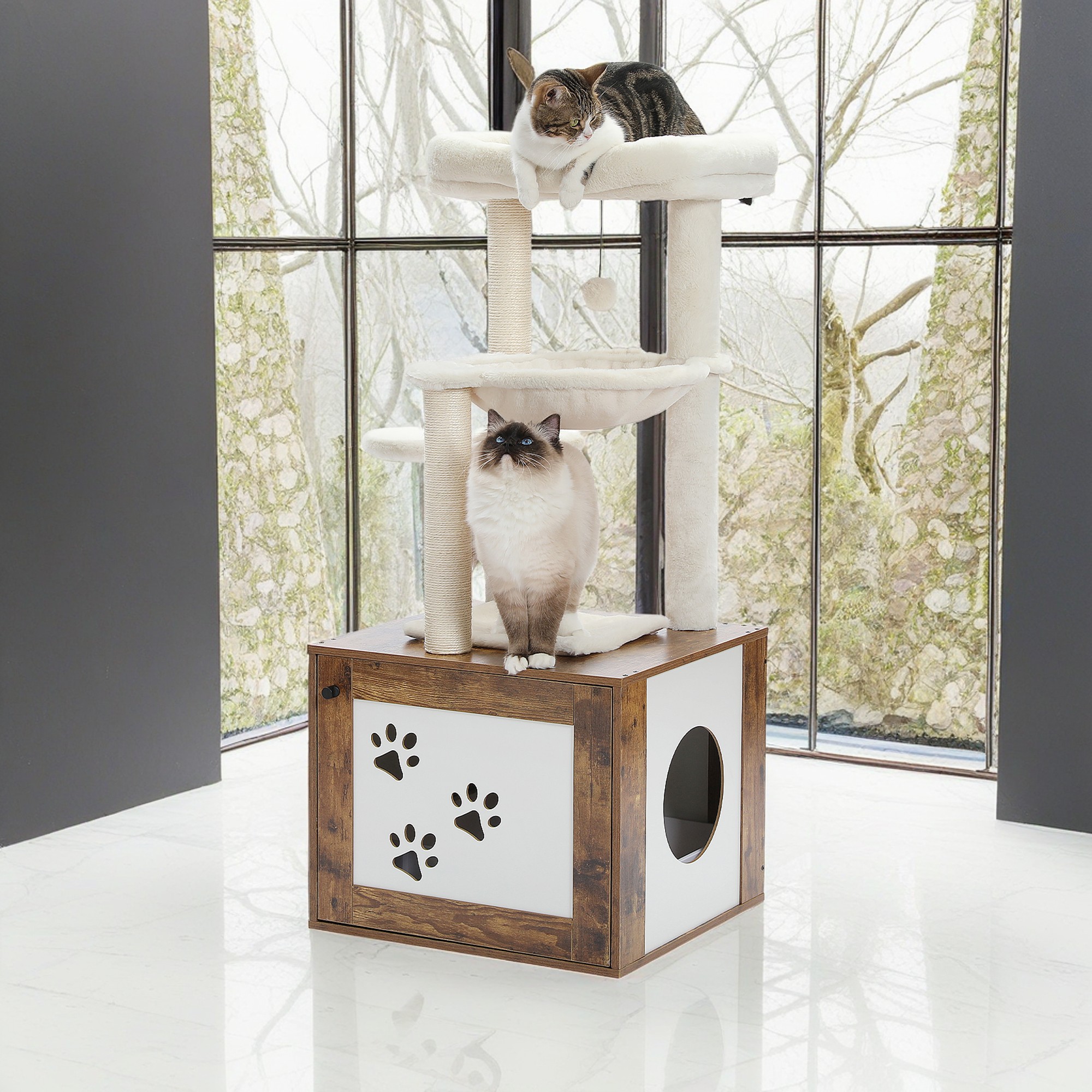 resenkos 46" Cat Tree Tower with Litter Box Enclosure, Wood Cat Condo with Hammock, Cat Scratching Posts, Removable Top Perch, Brown