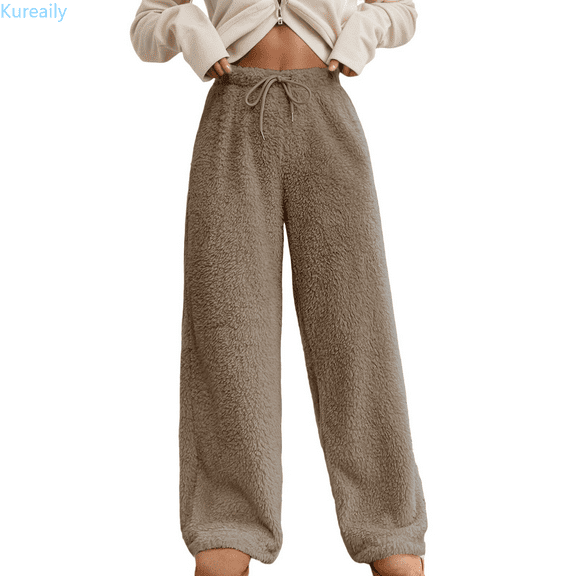Kureaily Winter Fuzzy Pants Elastic Waist Straight Leg Long Pants Casual Sweatpants Women Lightweight Pants