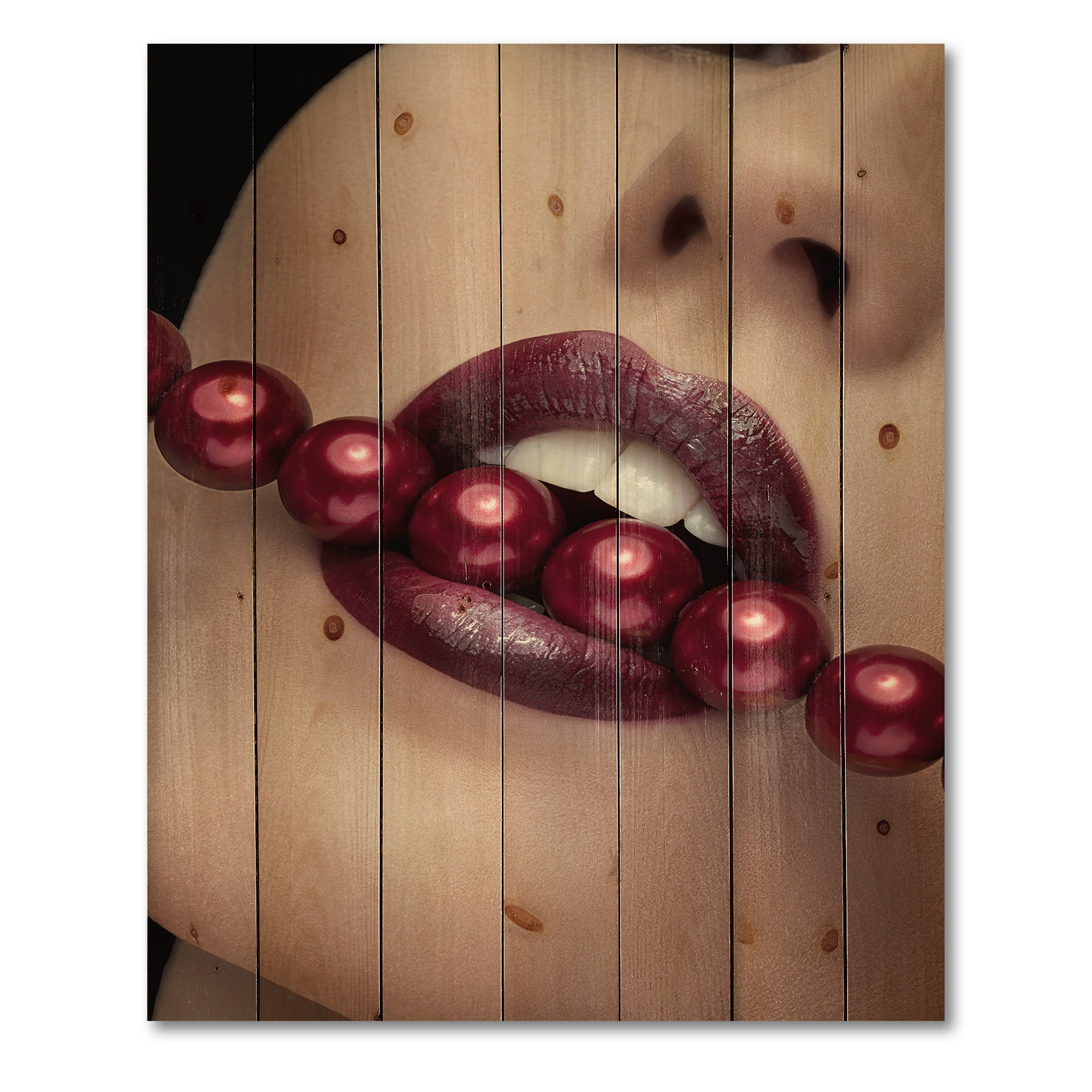 Designart 'Girl Bitting With Red Lips With Red Pearls' Modern Print on Natural Pine Wood