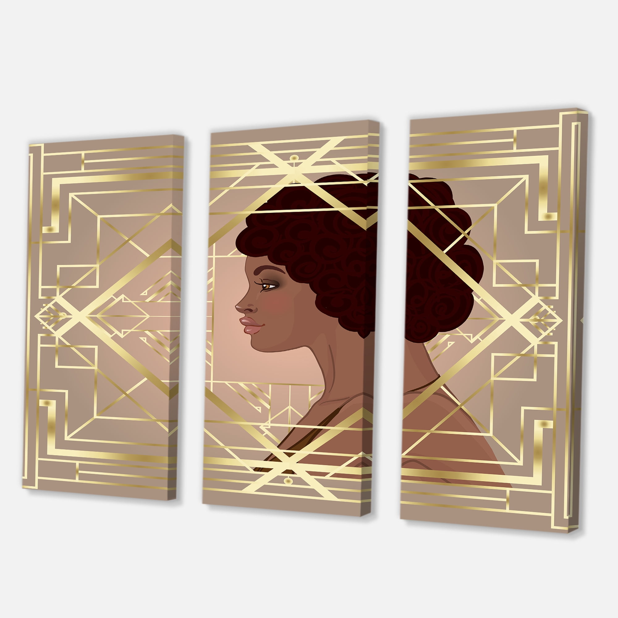 Designart ' Retro Girl In Golden Art Deco Geometrics II ' Modern Canvas Wall Art Print