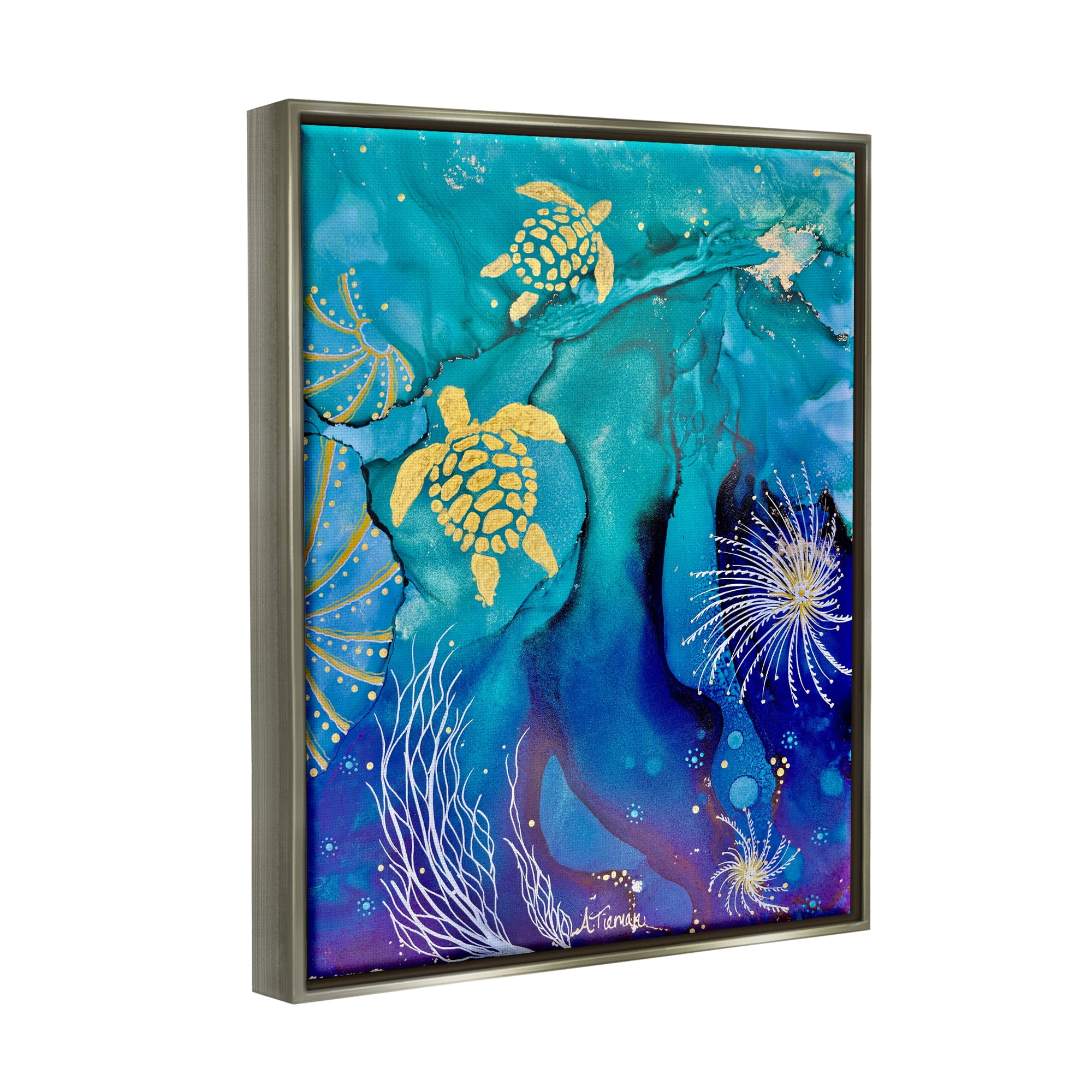 Stupell Industries Abstract Blue Sea Turtles Abstract Painting Gray Floater Framed Canvas Art Print Wall Art, 25 x 31