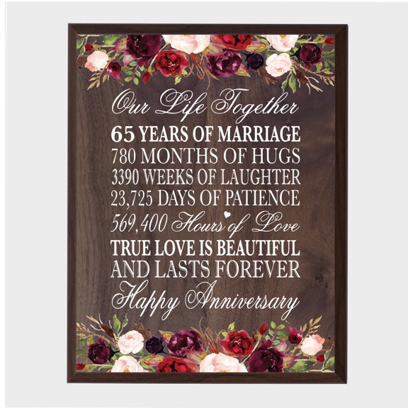 LifeSong Milestones 12x15 65th Anniversary Wall Plaque 65 Years of Marriage Floral Border (Walnut)