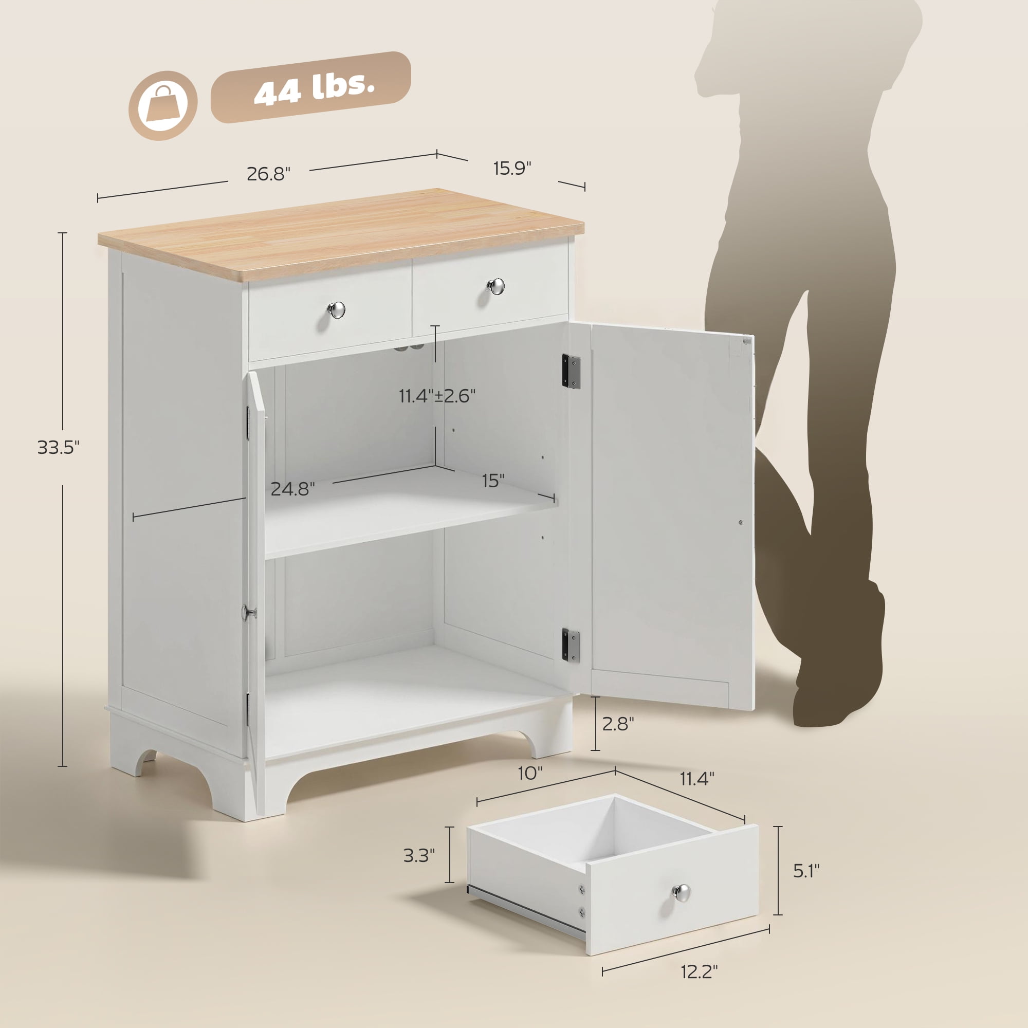 HOMCOM Kitchen Storage Cabinet, Sideboard Floor Cupboard with Solid Wood Top, Adjustable Shelf, and 2 Drawers for Living Room, White