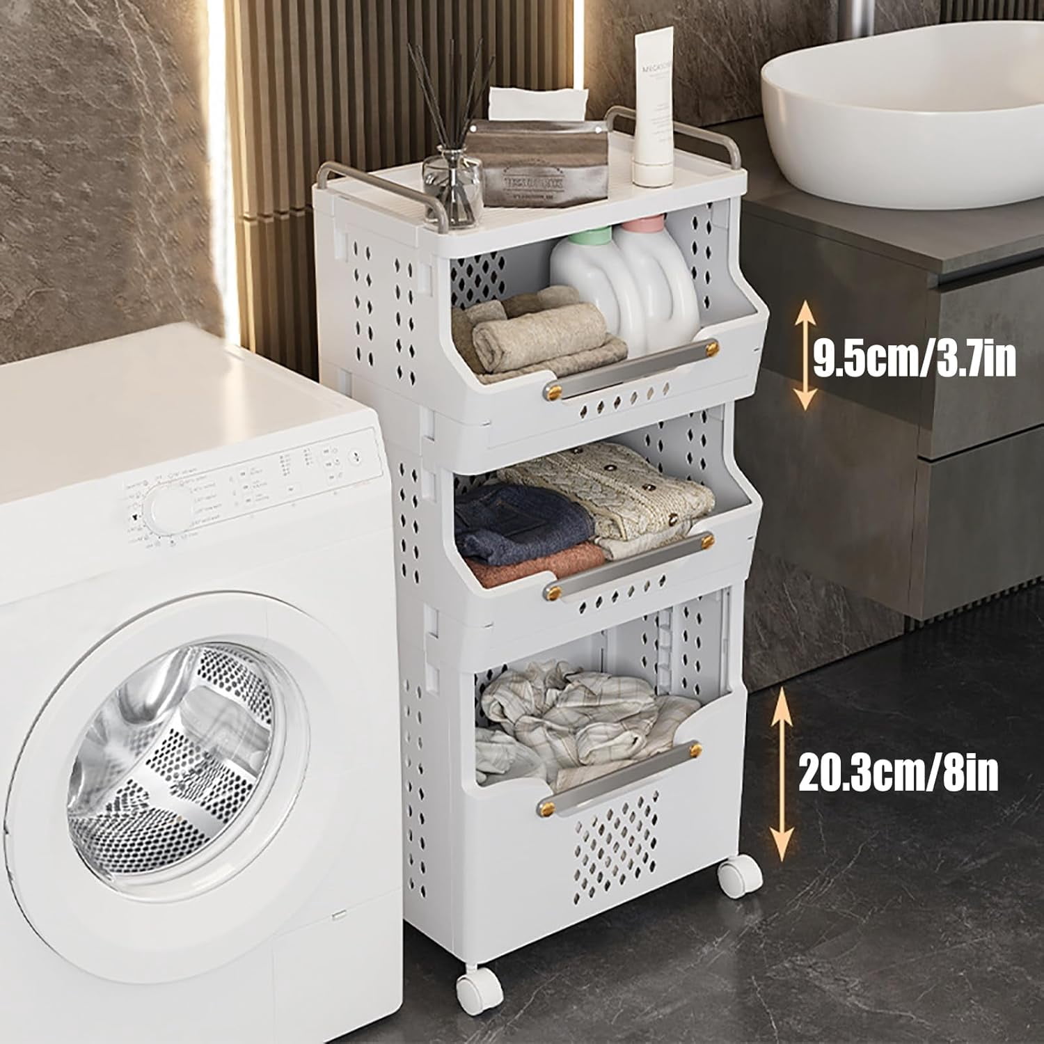 Laundry Basket Hamper with Wheels 3-Tier Foldable with Handle Space-Saving Storage Dirty Clothes Organizer Bin Multi-function Container Waterproof