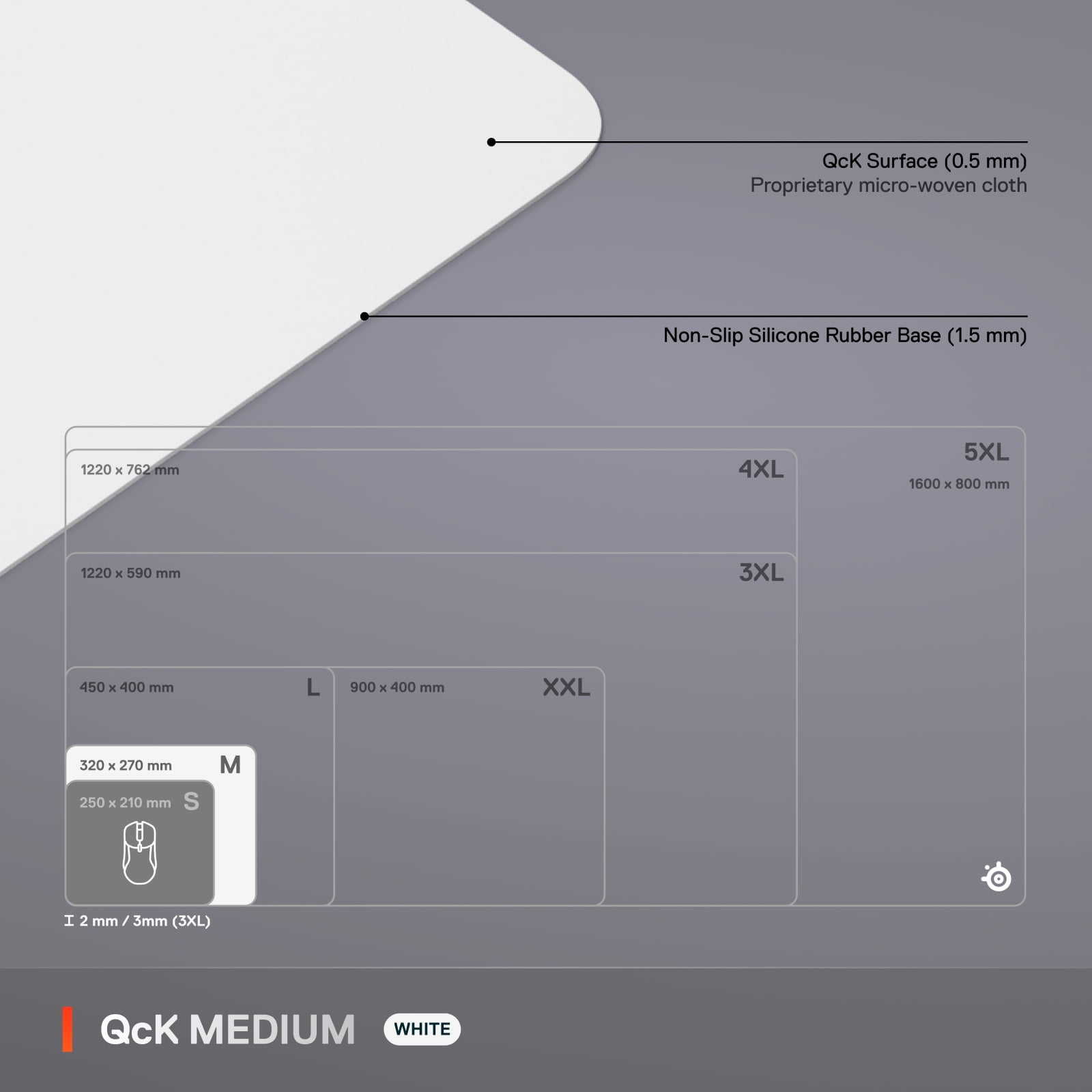 SteelSeries QcK Medium Gaming Mouse Pad — White — Non-Slip Silicone Rubber Base — Peak Tracking and Stability — 320 mm x 270 mm