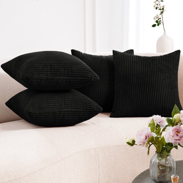 Deconovo Corduroy Fundas de cojines Juego de 4 – Machine Washable Home Decor for Sofa, Dormitorio | Jet Black, 22x22 Inch