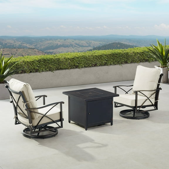 Black Aluminum Fire Table Bistro Set with Two Club Chairs