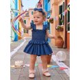 thumbnail image 4 of RUINIXCW Newborn Baby Girl Denim Dress Western Cowgirl Outfit Cute Infant Baby Girls Summer Clothes Fly Sleeve Smocked Jeans Romper Dress Jumpsuit Playsuit Headband, 4 of 7