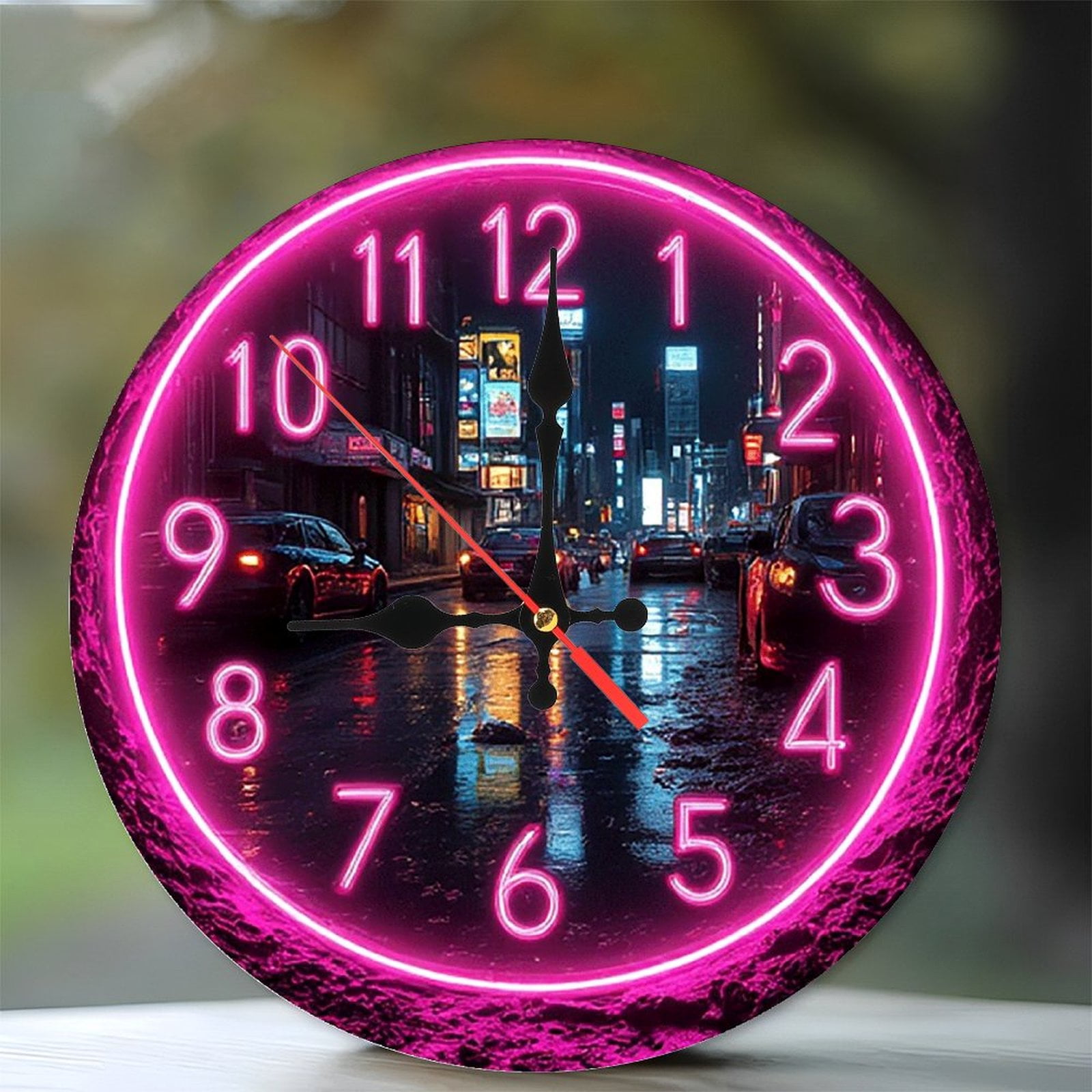 Neon Cityscape Pink Clock Wall Decor 10 Inch Silent Wooden Wall Clock, Battery Operated (AA
