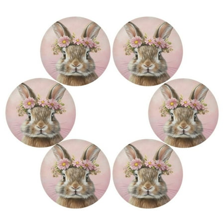 

WOBOGO Pink Wreath Bunny Round Placemats Set of 6 Heat Resistant Washable Kitchen Table Decorations 15.4in