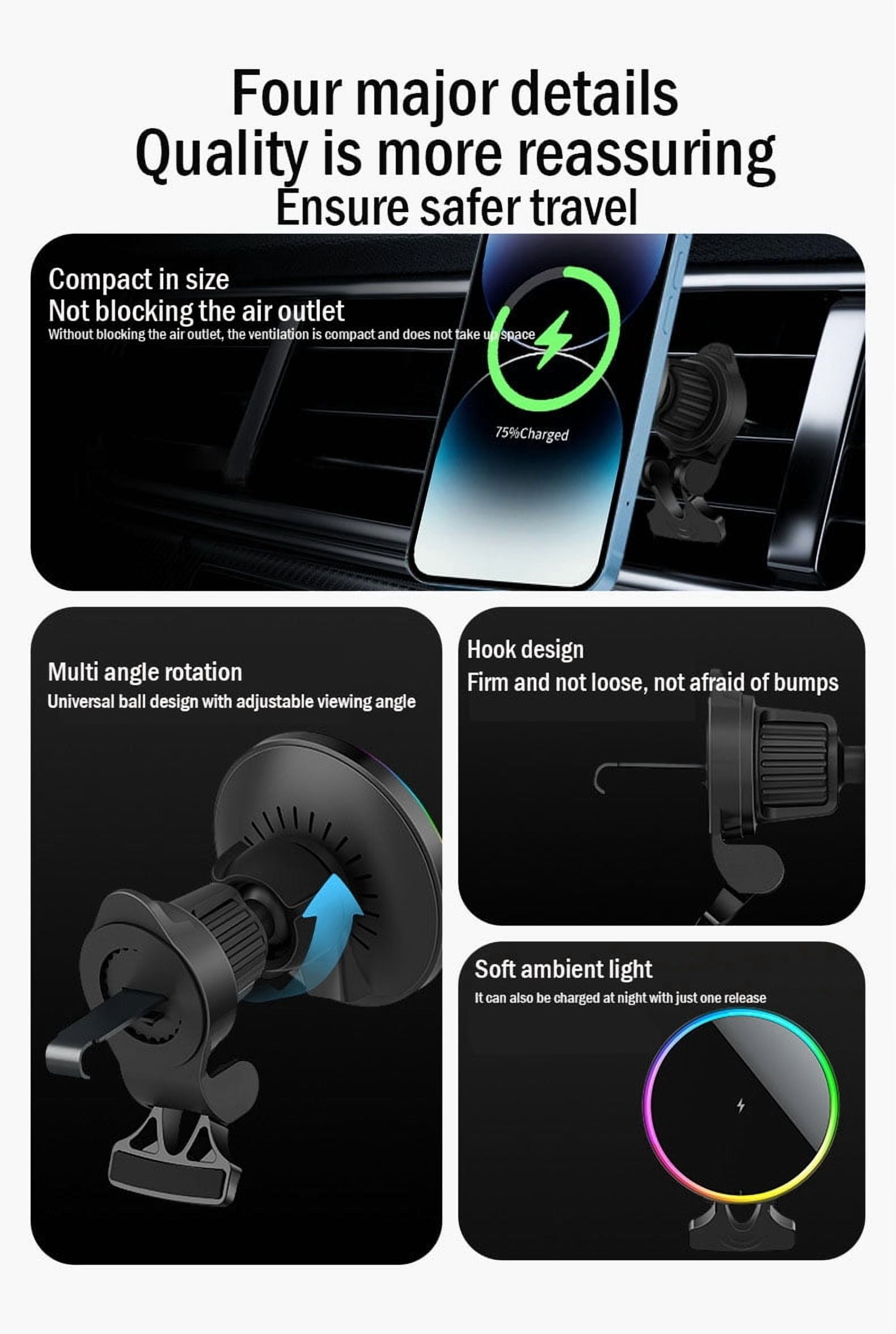 Car mounted magnetic phone holder wireless charger suitable for MagSafe air outlet navigation,Black ,OJD-121
