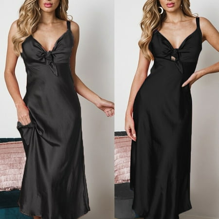 - Women Satin Silk Lace Robe Dress Sleepwear Lingerie Nightdress Nightgown Dress Black S