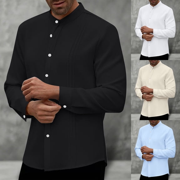 BUWTTED Men's Shirts Pure Color Crew Neck Long Sleeve Pleated Spring Fall Casual Button Down Business Work Black Shirt L