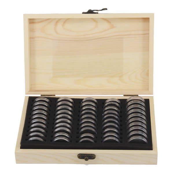 Coins Display Storage Box Wooden Case+50 Round Boxes for Slab Certified