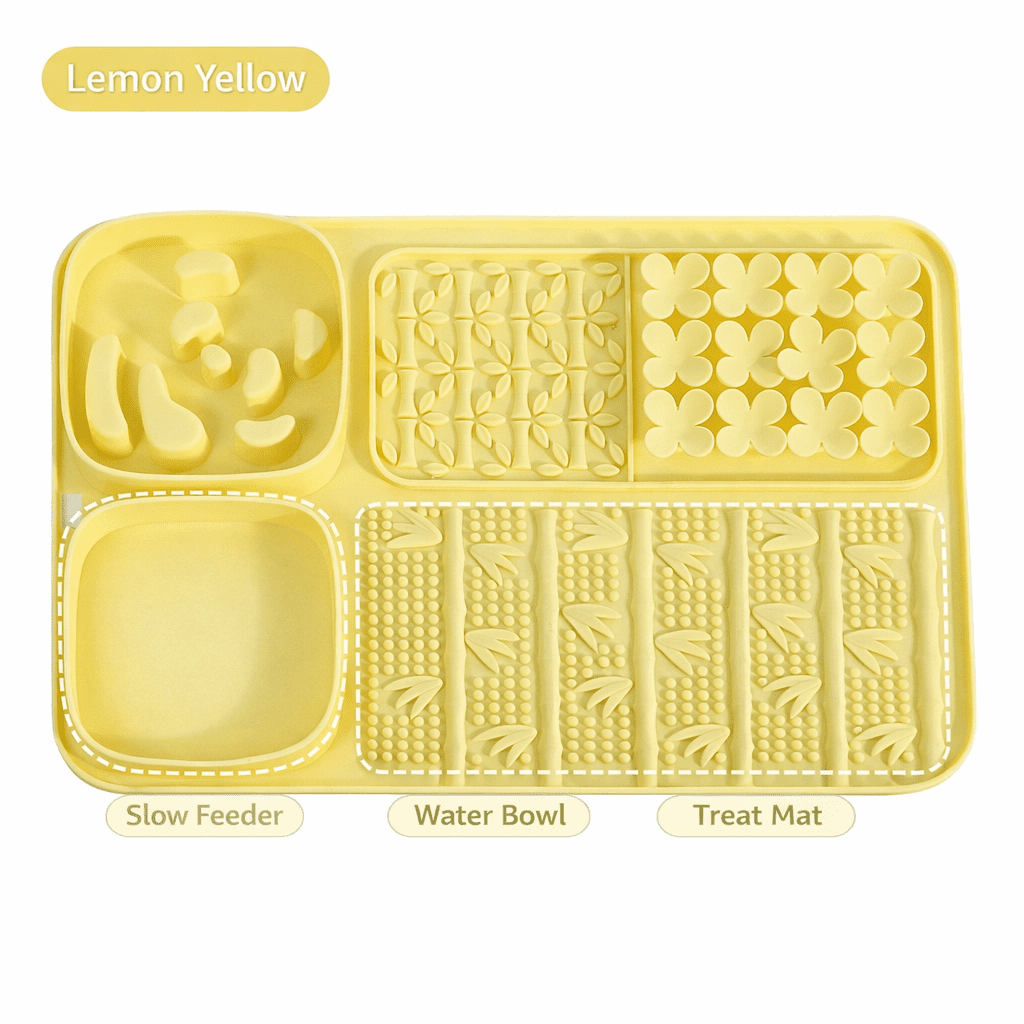 5 in 1 Dog Slow Feeder & Lick Mat for Dogs and Cats, Multifunction Silicone Pet Feeding Mat with Treat Compartments & Water Bowl, Dog Enrichment Toy for Slow Feeding & Anxiety Relief