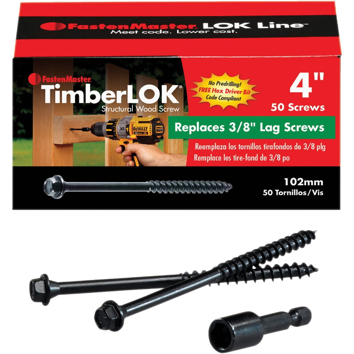 FastenMaster FMTLOK04-50 TimberLOK Heavy-Duty Wood Screw, 4 Inches, 50-Count — Construction & DIY Use, Standard Hardware Spec