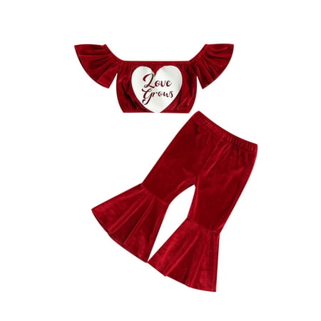 

Pudcoco Baby Pants Set Off-shoulder Heart Print Tops with Elastic Waist Flare Pants