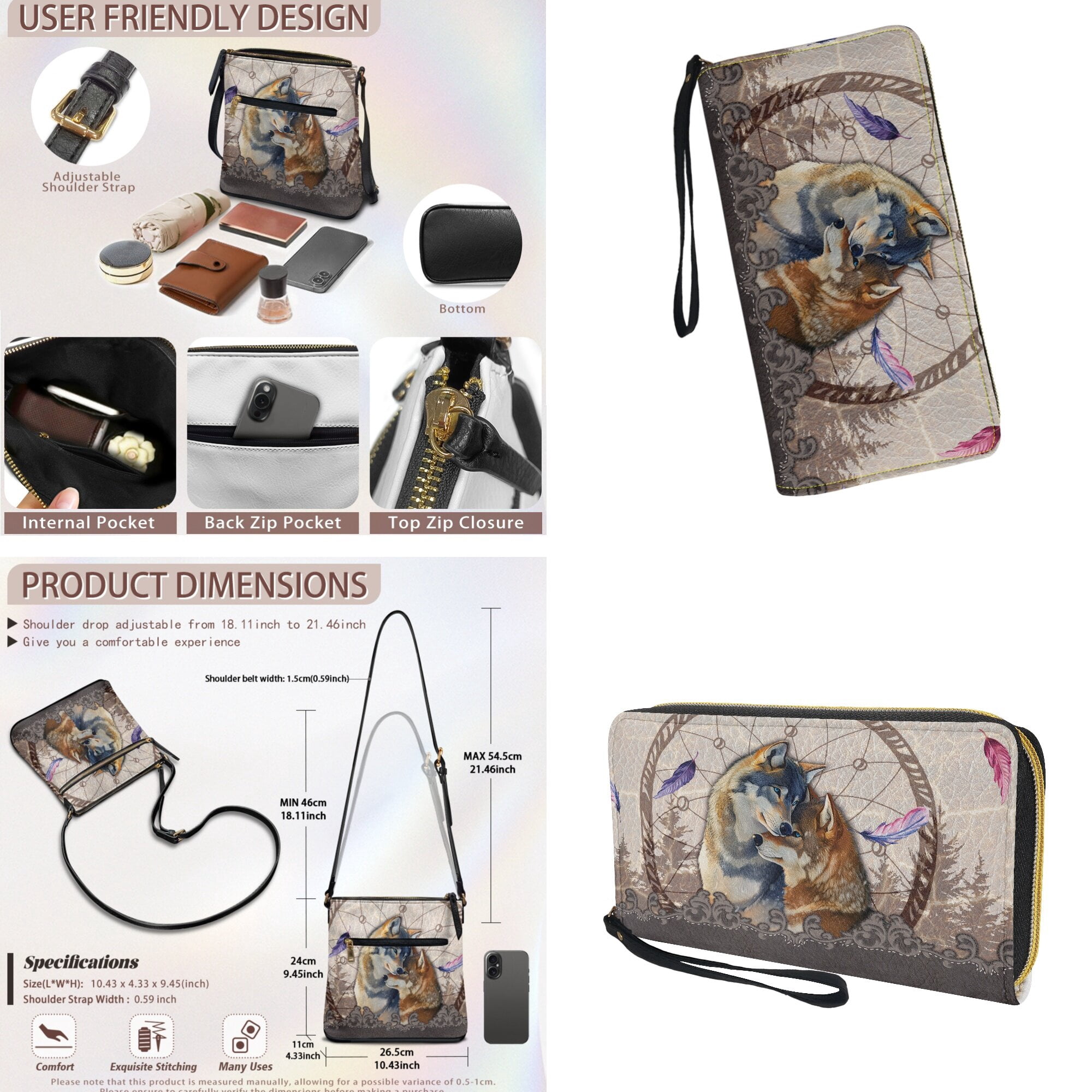 LedBack Wolf Couple Crossbody Messenger Purse Set Dreamcatcher Leather Hobo Bag Satchel Handbag Shoulder Purse PU Wallet for Women Lady, Beige