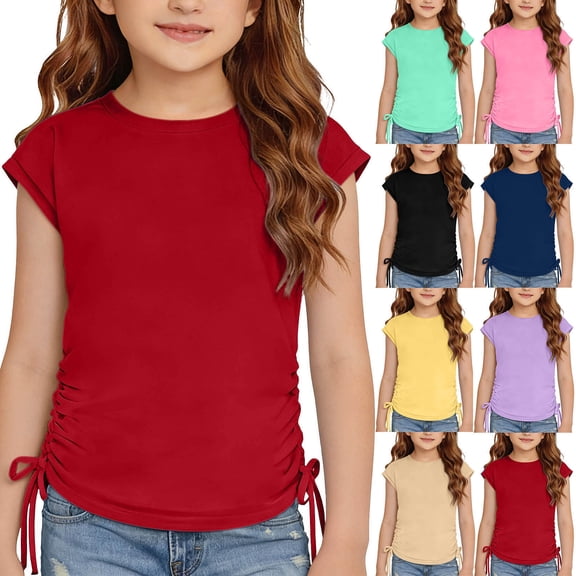Miluxas Girls Summer Tops Trendy Ruched Cap Short Sleeve Tshirts Shirts Crew Neck T Shirt Yellow 12 Years
