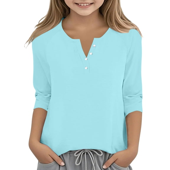 XADYUY Girls 3/4 Sleeve T Shirts size 7-8 Years Old Summer Girls Shirts Button Down TShirt Cute Henley V Neck Cotton Tee Tops Girls,Sky Blue,9-10Years