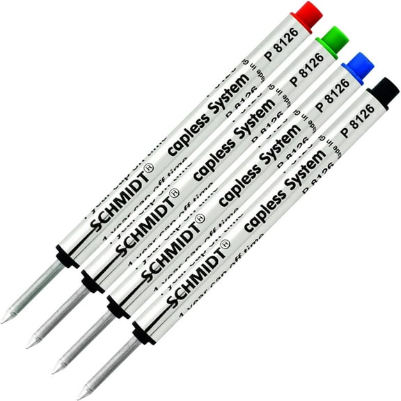 Schmidt P8126 Black, Blue, Green, Red Capless Rollerball Refill, Fine Tip 0.6mm - Pack of 4