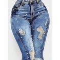 thumbnail image 4 of Women's Ripped Flared Jeans High Waisted Denim long pants Nail Bead Embellished Distressed Trendy Fashion, 4 of 5