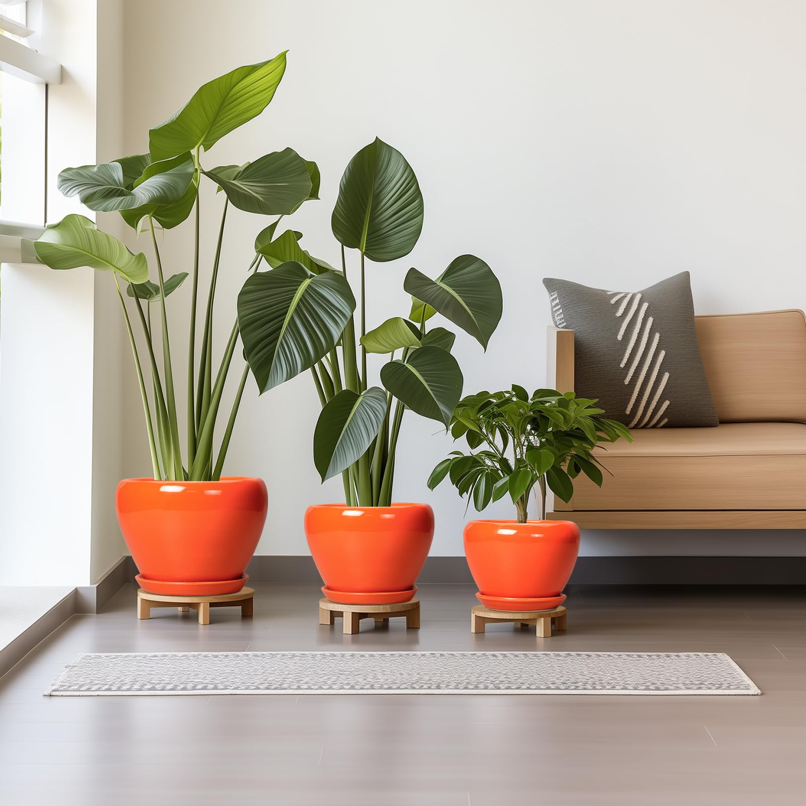 Ceramic Planter Pots Set of 3 with Drainage Hole & Saucer,10/8/6 inch Round Pots for Indoor Plants Flowers & Houseplants Patio & Outdoor Use Orange