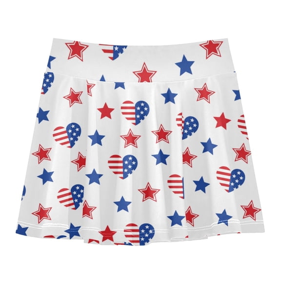 Girls' Skorts Elastic Waist Skorts with Inner Shorts Athletic Workout Shorts Skirts Red and Blue Stars and Hearts X-Small