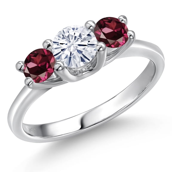 Gem Stone King 14K White Gold White Moissanite & Red Rhodolite Garnet 3-Stone Engagement Ring | 1.24 Cttw | Round 5MM and 4MM | Three Stone Wedding Anniversary Promise Ring for Women (Size 9)