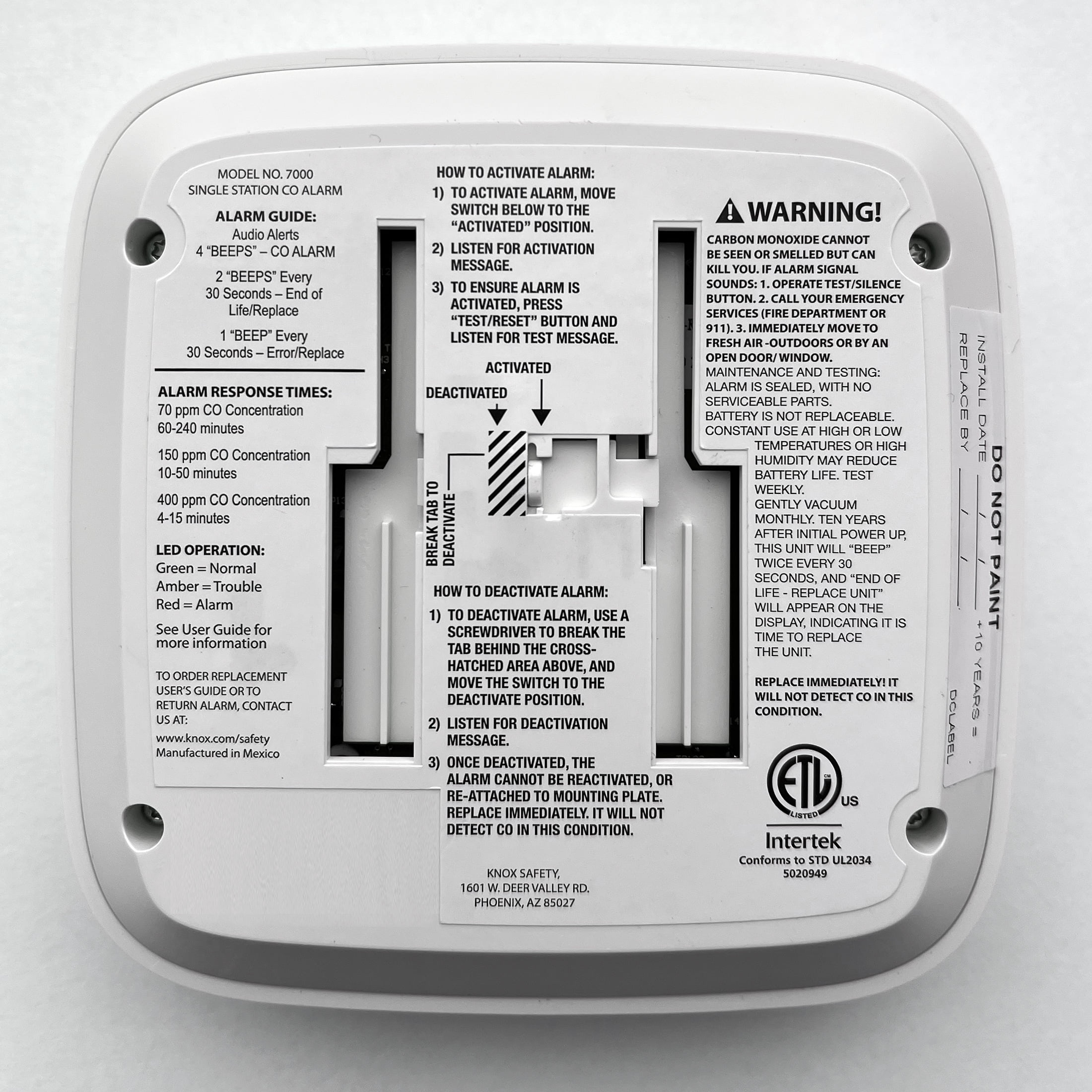 Knox Safety Battery Operated Carbon Monoxide Detector, Voice Alert & Display, 10-Year Lithium Power