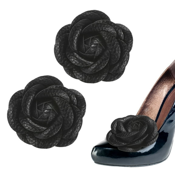 Uxcell 2-Pack Decorative Rose Shoe Clips, Faux Leather Removable Fashion Flower Shoe Clips Buckle Brooches Charm Embellishments [Black]