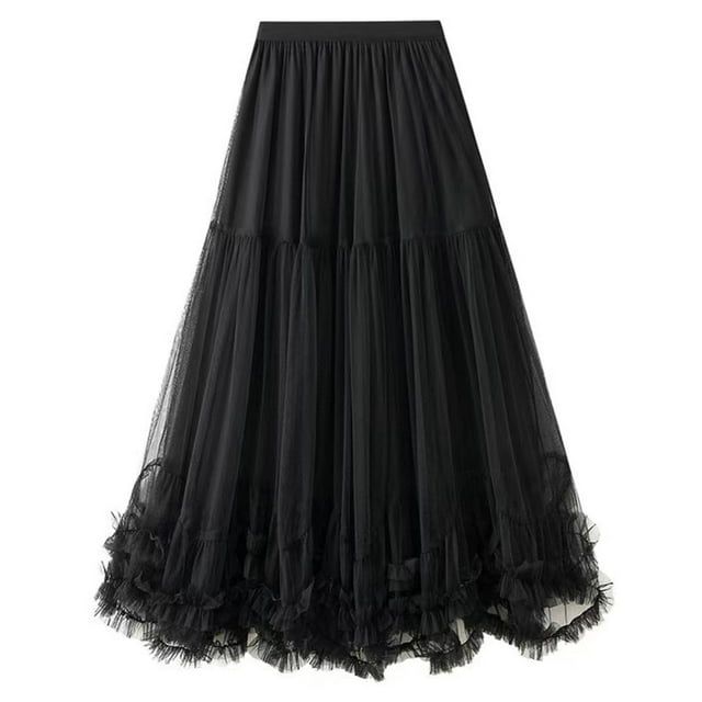 Falda larga de tul COZYPOIN, elástica, cintura alta, línea A, negra