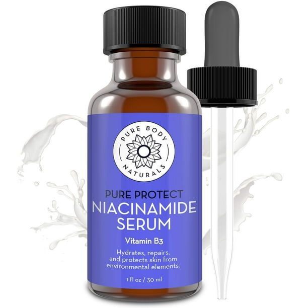 Pure Body Naturals Suero de niacinamida con vitamina B3, 1 onza líquida, crema súper hidratante para un rostro y cuerpo de aspecto más joven, loción facial reductora de poros, ingredientes puros y nat