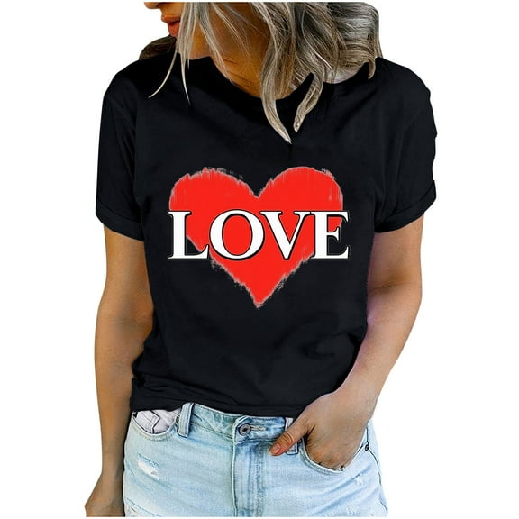 Valentine's Day Shirts for Womens Cute Love Heart Graphic T-Shirt Short Sleeve Crewneck Tops Tees