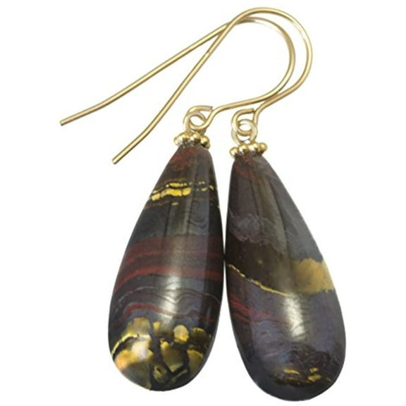 14k Gold Filled Tiger's Iron Eye Earrings Fat Rounded Long Teardrops Smooth Cut Spyglass Designs