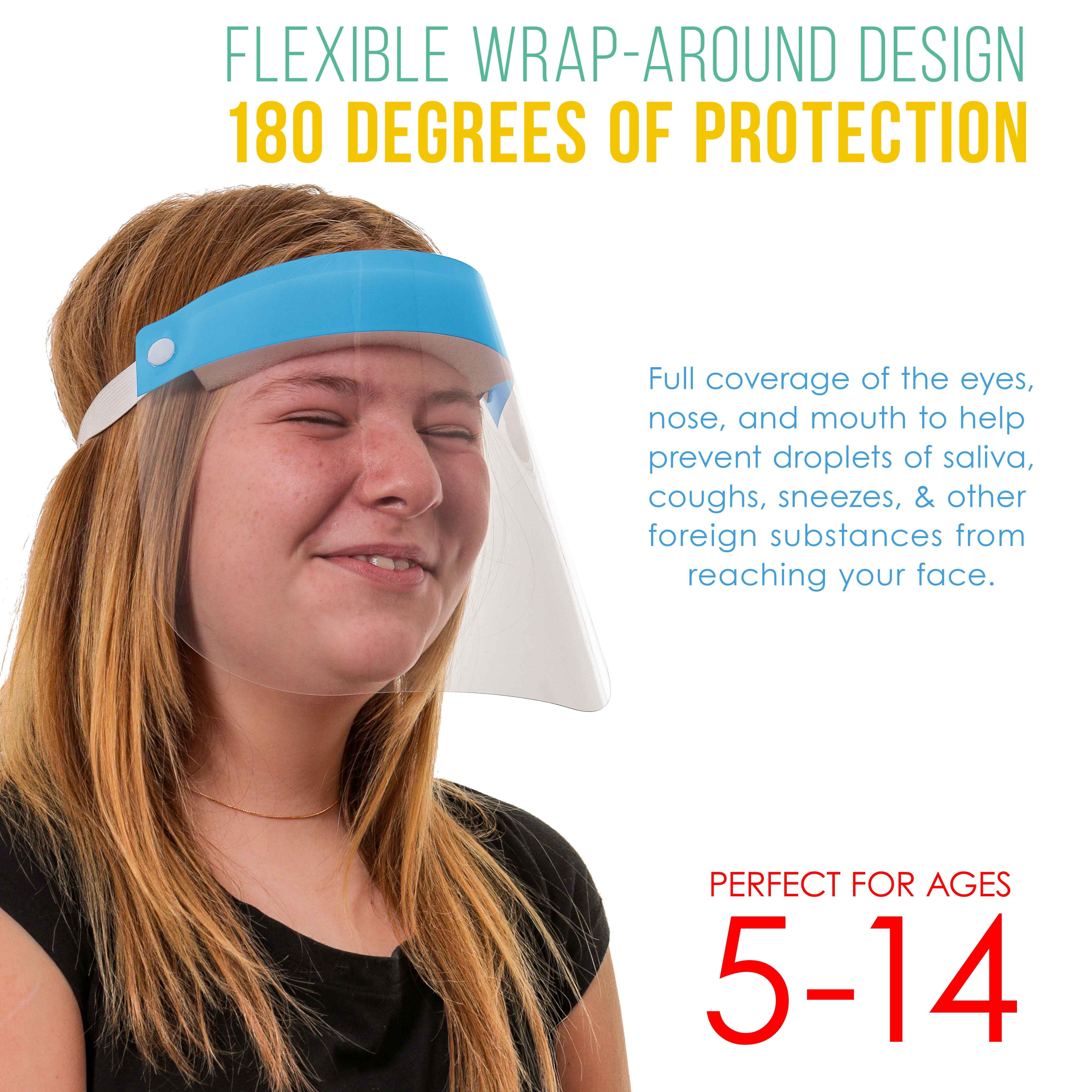 Salon World Safety 200 Kids Face Shields (20 Packs of 10) - 5 Colors, 40 of Each - Clear Protective Children's Full Face Shields to Protect Eyes, Nose Mouth - Anti-Fog PET Plastic, Headband