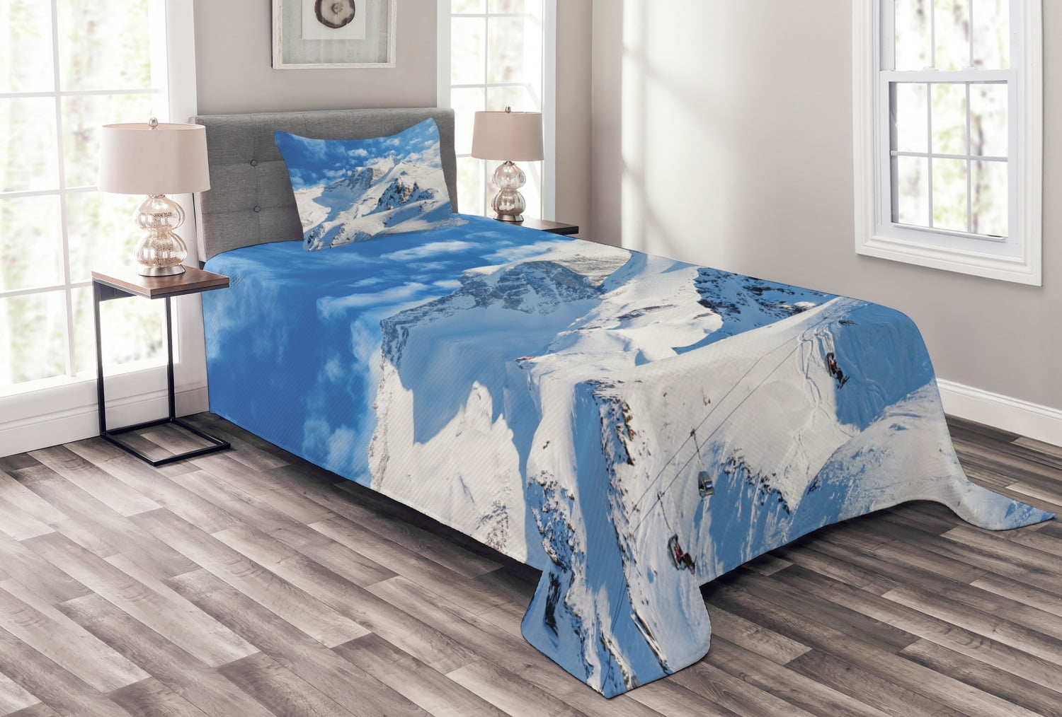 Mountain Bedspread Set Twin Size, Mountain Landscape Ski Slope Winter