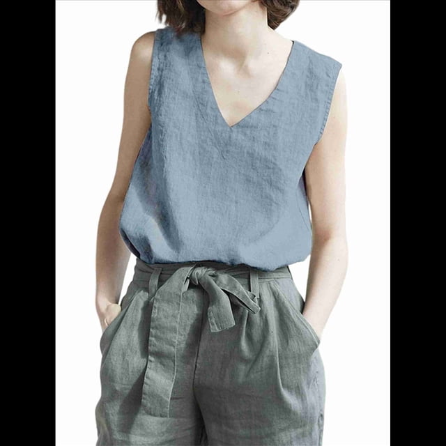 Camisetas de Tirantes de Verano con Cuello en V para Mujer, Informales, de Algodón y , Sin Mangas, Cómodas y Transpirables. Azul L