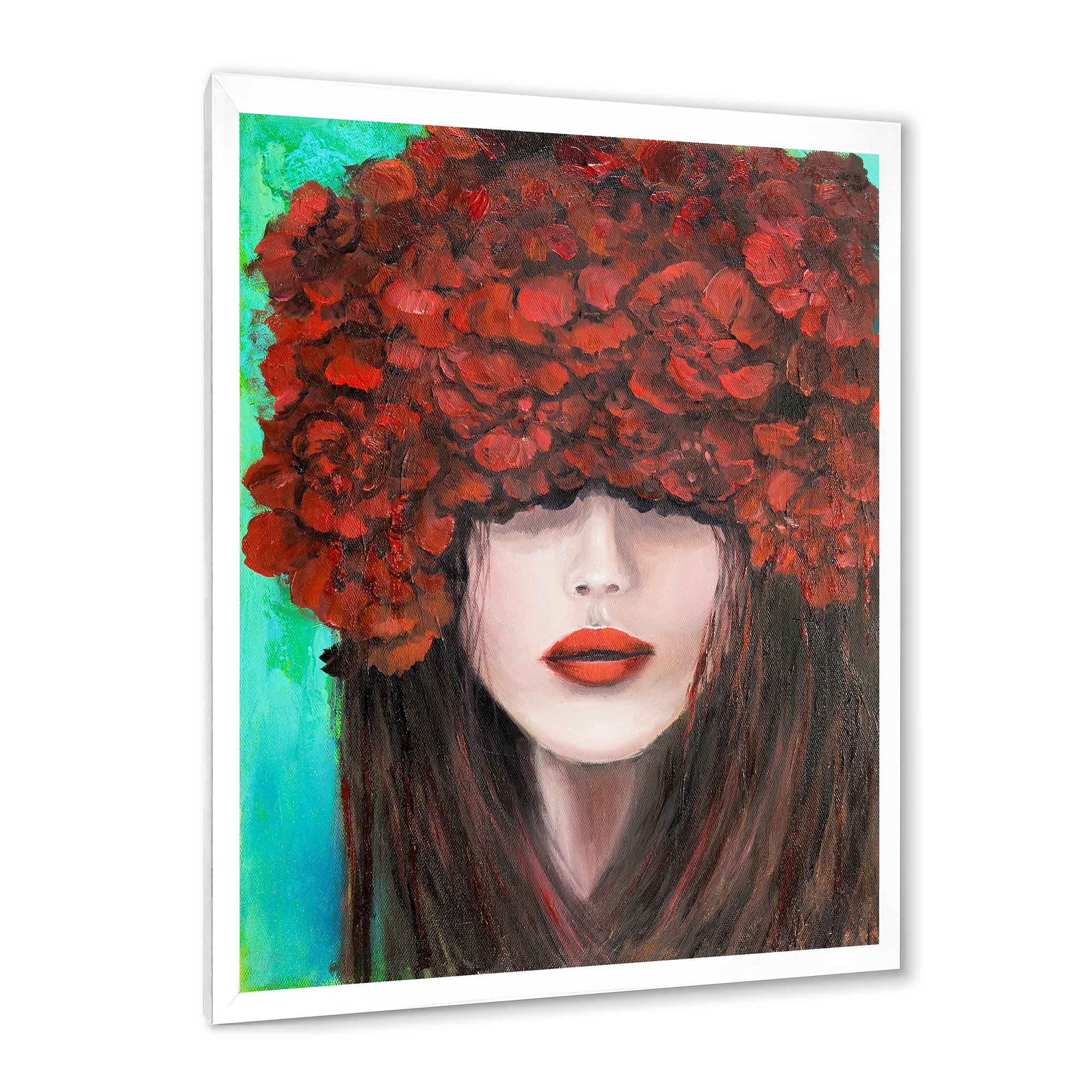 Designart 'Portrait Of A Young Lady With Red Flowers' Modern Framed Art Print