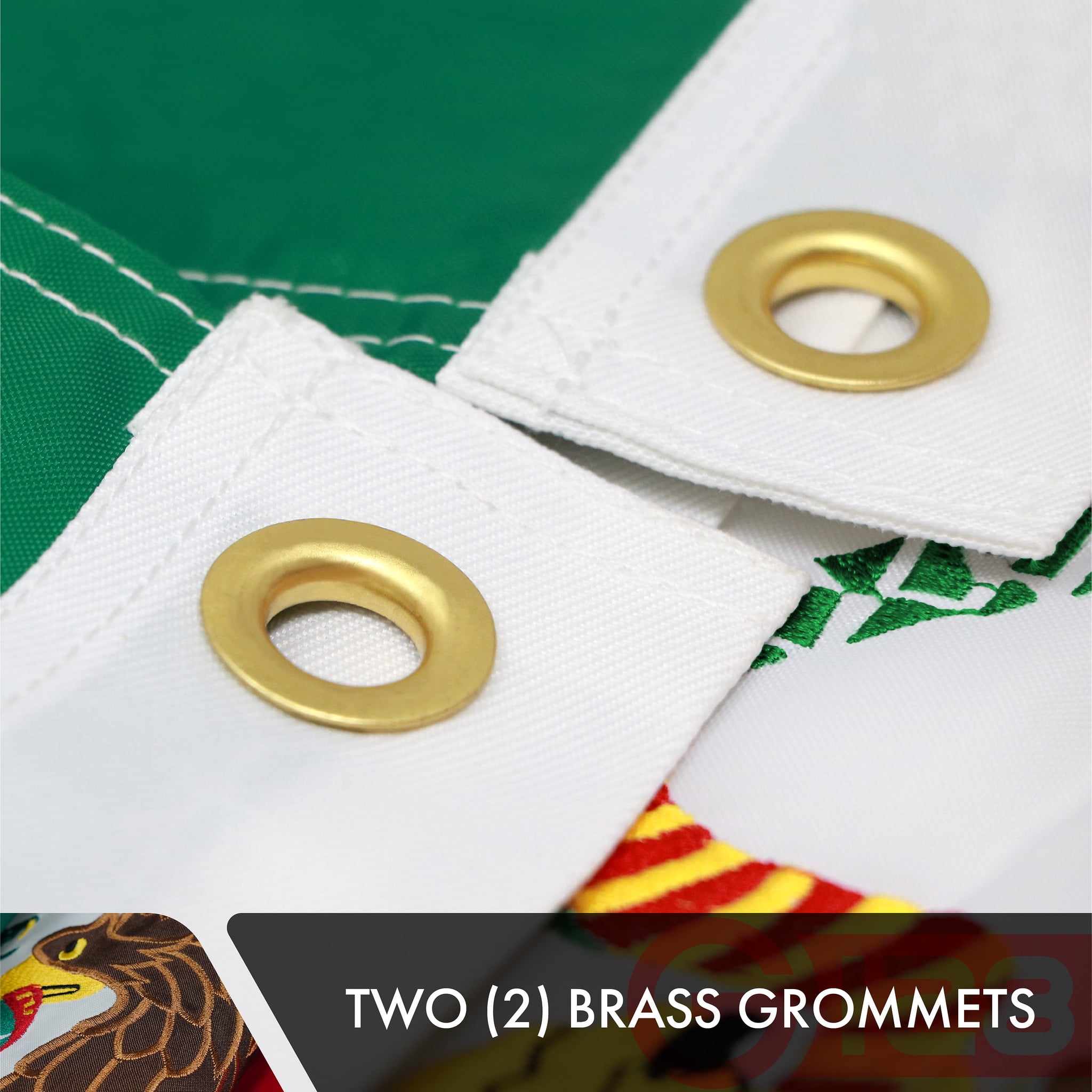 G128 - Mexico Mexican Flag | 3x5 feet | Double Sided Embroidered 210D - Indoor/Outdoor, Brass Grommets, Heavy Duty Polyester
